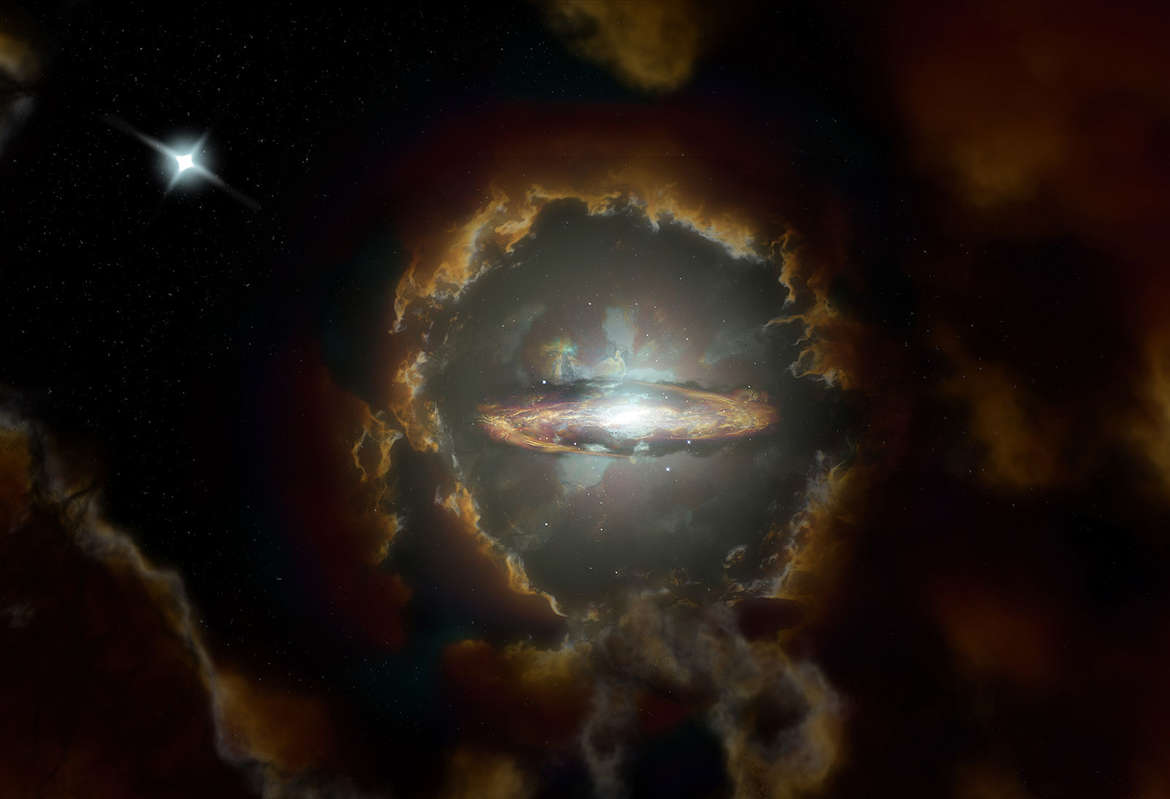 Opere d'arte raffiguranti la Galassia Wolfe, un'enorme galassia a dischi simile alla Via Lattea che era già ben formata quando l'Universo aveva 1,5 miliardi di anni. Credito: NRAO / AUI / NSF, S. Dagnello