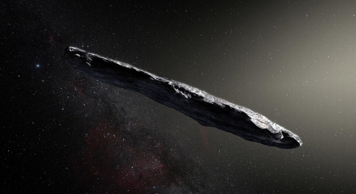‘Oumuamua, an asteroid from another solar system, is quite elongated and look very much like this artist’s impression of it. Credit: ESO/M. Kornmesser