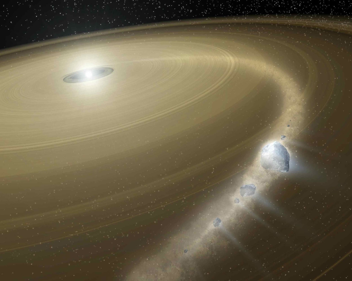 An artist’s rendering of a comet (which is very similar to an asteroid) getting torn apart near a white dwarf. Many white dwarfs have rings of dust around them as well, more evidence of a planetary system orbiting them. Credit: NASA/JPL-Caltech