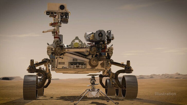 Artwork depicting the Perseverance rover on the surface of Mars with the Ingenuity helicopter deployed. Credit: NASA/JPL-Caltech