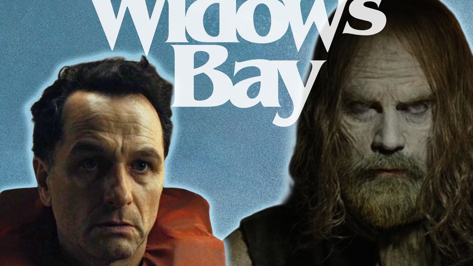 A collage featuring Matthew Rhys as Tom Loftis, Hamish Linklater as Richard Warren and the title treatment for Widow's Bay.