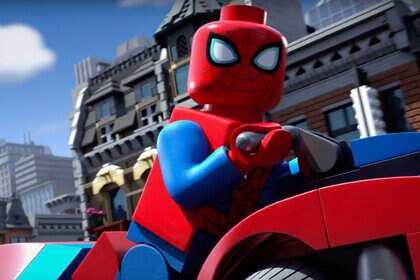LEGO Spider Man on a motorcycle in Vexed by Venom animated series