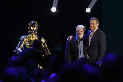 C-3PO with George Lucas and Bob Iger at D23 Expo