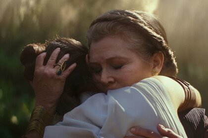 Leia Organa and Rey share a hug in Star Wars: The Rise of Skywalker