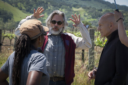 Michael Chabon on location with director Hanelle Culpepper and Patrick Stewart