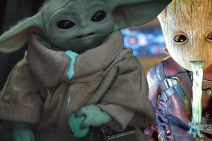 Baby Yoda throwing up with Baby Groot