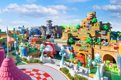 Cartoon-like Super Nintendo World theme park land 