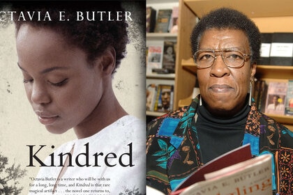 Octavia E. Butler author photo and Kindred book cover