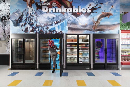 An Omega Mart employee entering a grocery store through a facade of a fridge