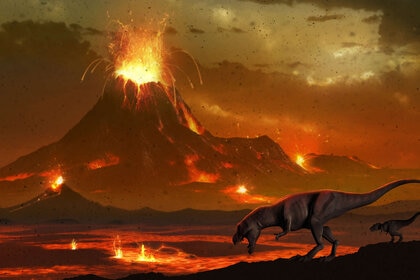 Tyrannosaurs survey a volcanic landscape - stock illustration