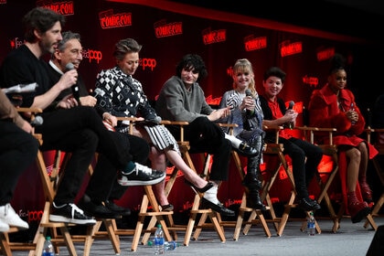 Jason Reitman, Ivan Reitman, Carrie Coon and Finn Wolfhard during the Ghostbusters_ Afterlife Cast & Filmmakers Panel (Photo by Craig Barritt_Getty Images for ReedPop )