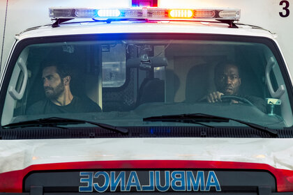 (L-R) Danny Sharp (Jake Gyllenhaal) and Will Sharp (Yahya Abdul-Mateen II) in Ambulance, directed by Michael Bay.