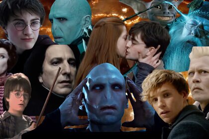 A collage of images from each movie from the Harry Potter and Fantastic Beasts series.