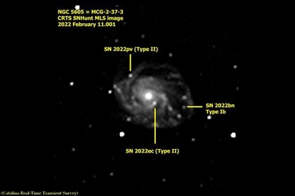 An image from the Catalina Real-time Transient Survey shows the galaxy NGC 5605 with three simultaneous supernovae in it, the first time this has ever been seen.