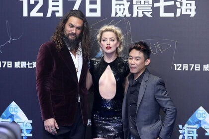 (L-R)  Jason Momoa, Amber Heard, and director James Wan