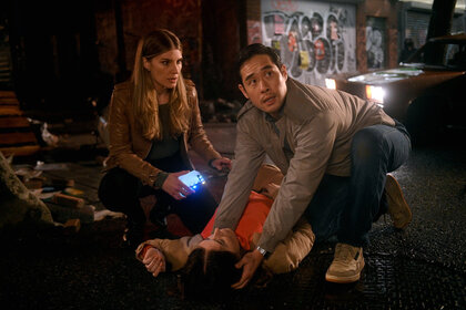 (l-r) Caitlin Bassett as Addison, Raymond Lee as Dr. Ben Seong