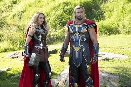 Natalie Portman as Mighty Thor and Chris Hemsworth as Thor in Marvel Studios' THOR: LOVE AND THUNDER.