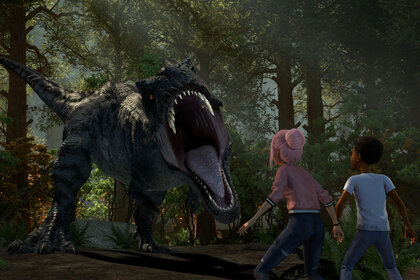 T Rex, Brooklynn and Darius in Jurassic World: Camp Cretaceous