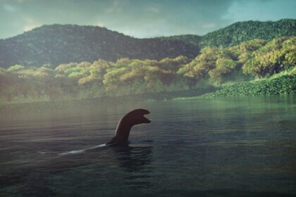 Loch Ness monster swimming in the lake.