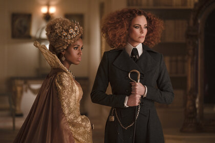 (L-R) Kerry Washington as Professor Dovey, Charlize Theron as Lady Lesso in The School for Good and Evil.