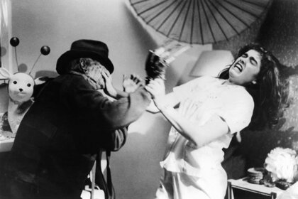 Robert Englund attacks Heather Langenkamp in a scene from the film 'A Nightmare On Elm Street', 1984