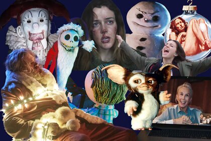 Collage featuring Black Christmas (1974); Gremlins (1984); The Nightmare Before Christmas (1993); Jack Frost (1997); Krampus (2015); Anna and the Apocalypse (2017); The Lodge (2019); Silent Night (2021); Violent Night (2022)