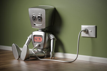 A robot recharging his power.