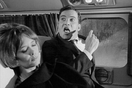 Christine White (as Julia Wilson), William Shatner as Bob Wilson in 'Nightmare At 20,000 Feet,' episode of The Twilight Zone.
