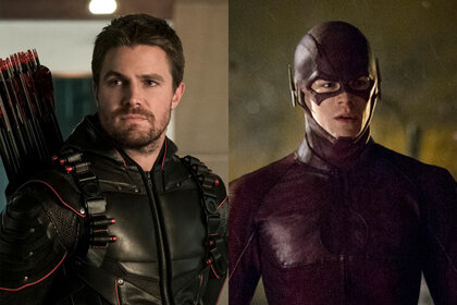 Stephen Amell as Oliver Queen/Dark Arrow and Grant Gustin as The Flash