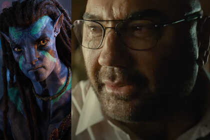 Jake Sully (Sam Worthington) in 20th Century Studios' AVATAR: THE WAY OF WATER (2022);  Dave Bautista in Knock at the Cabin (2023)