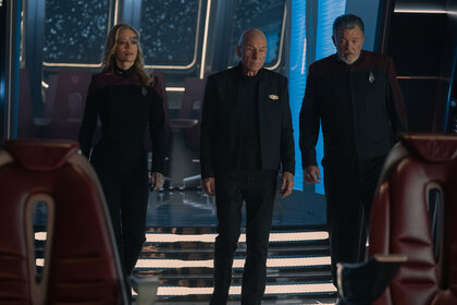 Jeri Ryan as Seven, Patrick Stewart as Picard, and Jonathan Frakes as Riker of the Paramount+ original series STAR TREK: PICARD.