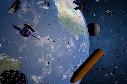 Debri is imagined floating above the Earth's atmosphere in space