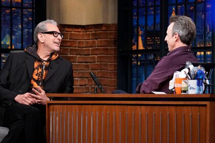 (l-r) Actor Jeff Goldblum during an interview with Seth Meyers
