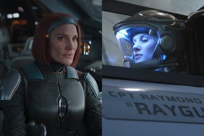 Katee Sackhoff in The Mandalorian; Katee Sackhoff in Battlestar Galactica