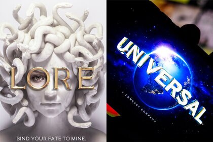 The cover of the book Lore by Alexandra Bracken; Universal Pictures logo on a phone