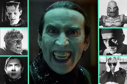 Nicolas Cage as Dracula in Renfield surrounded by classic horror movie monsters.