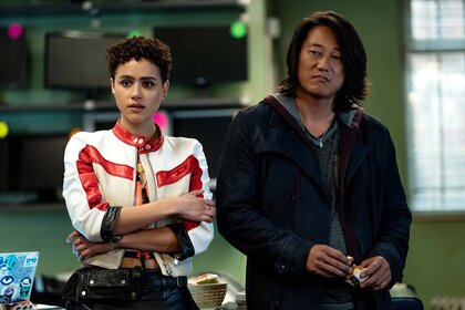 (from left) Ramsey (Nathalie Emmanuel) and Han (Sung Kang) in Fast X (2023)