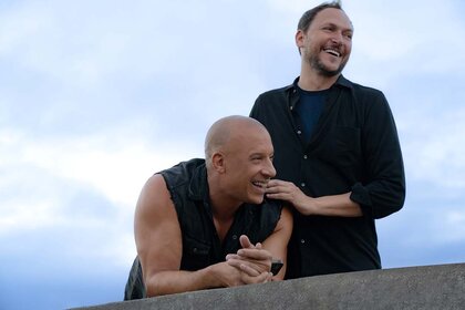 (from left) Vin Diesel and director Louis Leterrier on the set of Fast X.
