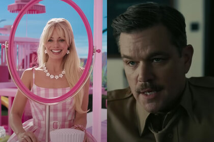 Margot Robbie as Barbie in Barbie (2023); Matt Damon in Oppenheimer (2023)