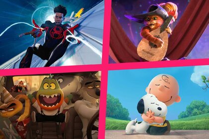 Clockwise from left: stills from Spider-Man: Across the Spider-Verse, Puss in Boots: The Last Wish, The Bad Guys, The Peanuts Movie