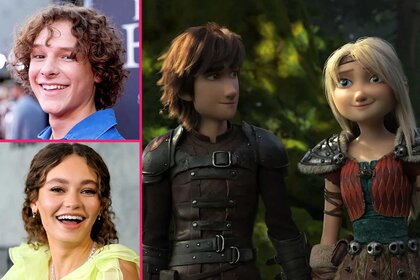 A photo of Mason Thames above Nico Parker next to their characters Hiccup and Astrid from How To Train Your Dragon