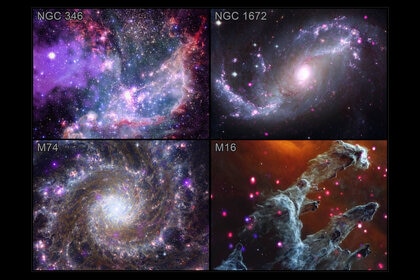 Images of two galaxies, a star cluster, and a nebula, using combined data from NASA's Chandra X-ray Observatory and James Webb Space Telescope