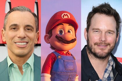 (L-R) Sebastian Maniscalco, Mario in The Super Mario Bros. Movie (2023), Chris Pratt