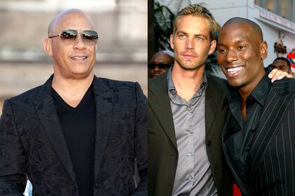 An image of Vin Diesel on the red carpet for FAST X next to an image of Paul Walker with his arm around Tyrese Gibson