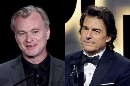 A side by side of Christopher Nolan and Tom Cruise Oppenheimer at awards shows