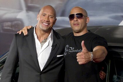 Dwayne "The Rock" Johnson poses with Vin Diesel, who gives a thumbs up