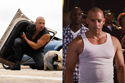 A split screen photo featuring Dom (Vin Diesel) in Fast X (2023) (L) and Fast Five (2011) (R)