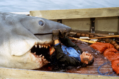 Robert Shaw struggles in a shark's mouth in Jaws (1975)