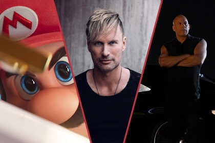 A split screen image featuring Mario in The Super Mario Bros. Movie; A headshot of Brian Tyler; Vin Diesel in Fast X (2023)