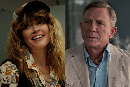 Natasha Lyonne in Poker Face 102; Daniel Craig in Glass Onion: A Knives Out Mystery (2022).